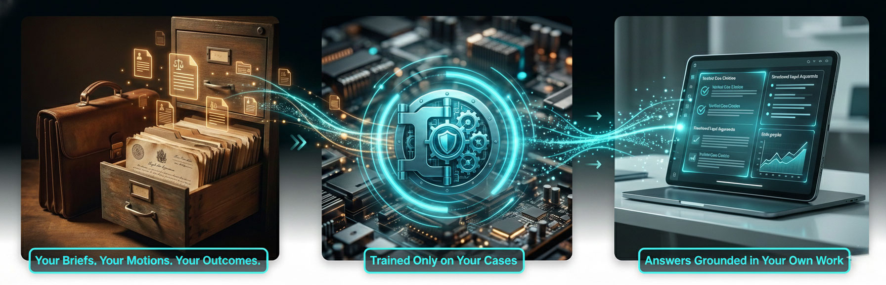 RAG Flow: Your Briefs, Your Motions, Your Outcomes → Trained Only on Your Cases → Answers Grounded in Your Own Work